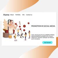 Promotion in social media landing page. SMM blogger, webpage, audience go to social page, promotion micro social public. Vector illustration. Speaker shouting in loudspeaker. Millennial people