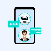 Chatting with bot in smartphone messenger. Chatting communication with chatbot, technology mobile smartphone conversation, robot messenger helper, support communicate connect online illustration vector