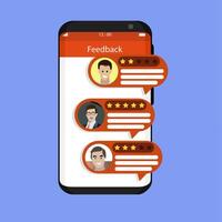 Feedback and rate from customer in smartphone. Vector feedback and review on mobile screen, rating star and comment evaluate. Illustration recommend from user with satisfaction ranks