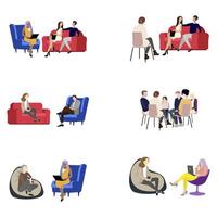 Psychology session set , group and individual support. Vector psychotherapy and psychiatry help, psychology therapy, physician solving mental problem, depression consultant illustration