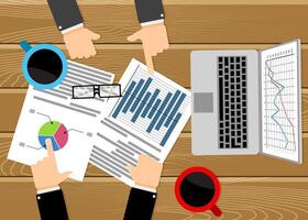 Business meeting, analysis and discussion. Work table with chart and graphic. Discussion with partner, table office, vector chart analysis illustration