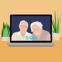 Video call to parents use laptop. Vector online video and chat by laptop, modern technology, for elderly people conversation, grandparents together speaking remote with children illustration