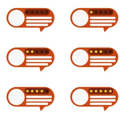 Speech bubble review with customer profile. Vector feedback review and experience, satisfaction bubble survey message, user social comment with rating illustration