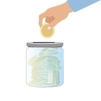 Collect money in glass jar. Banking cash deposit, cartoon jar for donation, vector collecting income and profit illustraton