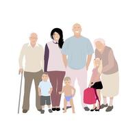 Happy family mother father children and grandparents. Mother and father family, husband and wife with daughter son. Vector illustration. Generation child parents and eldery