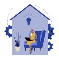 Home office, girl remote working with laptop within quarantine and isolation. Vector stay at home and self-isolation, self-quarantine and precaution against virus, alone female working illustration