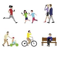 personas con adiccion teléfono inteligente caminar, jugar y correr. vector social en línea con móvil tecnología ilustración. mujer corriendo y mirando en teléfono inteligente, niños caminando con inteligente teléfono