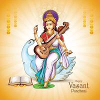 Sarasvati for happy vasant panchami puja of india card background vector
