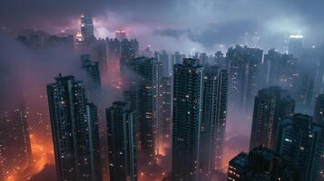 AI generated foggy city skyline at night with tall buildings photo