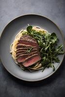AI generated A delicious plate of steak, noodles, and greens photo