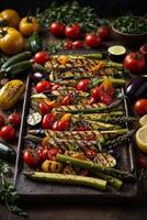 AI generated A colorful array of grilled vegetables on a rustic wooden table photo