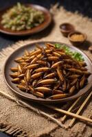 AI generated A plate of fried bugs with chopsticks on a table photo