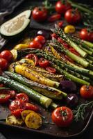AI generated Asparagus, tomatoes, and other fresh vegetables arranged on a tray photo