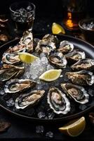 AI generated Freshly shucked oysters on a bed of ice, served with tangy lemon wedges photo