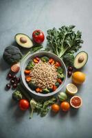 AI generated A colorful and nutritious bowl of food surrounded by fresh fruits and vegetables photo