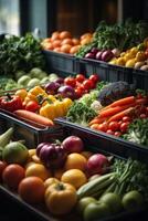 AI generated A colorful display of fresh fruits and vegetables in market bins photo