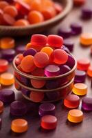 AI generated A colorful assortment of candies in a rustic wooden bowl photo