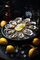 AI generated A plate of fresh oysters with lemons and a refreshing glass of water photo