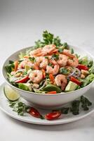 AI generated A delicious and refreshing shrimp salad in a white bowl photo