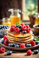 AI generated A delicious stack of pancakes with a sweet berry and syrup topping photo