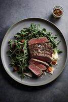 AI generated A delicious steak and fresh greens on a beautifully set table photo