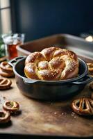 AI generated Pretzels on a rustic wooden table photo
