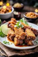 AI generated A delicious dish of fried meat with cilantro garnish on a white plate photo