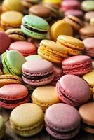 AI generated A vibrant display of colorful macarons on a table photo