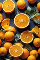 AI generated A vibrant display of fresh oranges on a rustic wooden table photo