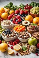 AI generated A colorful display of fresh fruits and nuts in beautifully arranged bowls photo