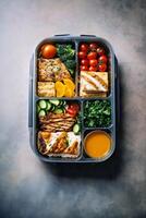 AI generated A colorful assortment of food items displayed in a plastic container photo