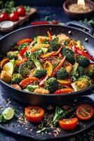 AI generated A colorful vegetable stir-fry in a skillet on a rustic wooden table photo