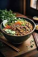 AI generated A delicious bowl of noodles with a savory mix of meat and fresh vegetables photo