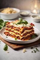 AI generated A delicious plate of homemade lasagna with melted cheese and rich tomato sauce photo