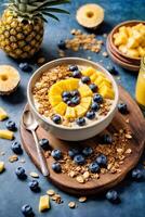 AI generated A delicious and healthy bowl of oatmeal topped with fresh blueberries and pineapple slices photo