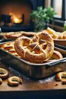 AI generated A delicious assortment of freshly baked pretzels on a rustic wooden table photo