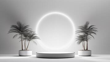 AI generated Potted palm trees glowing round white ai generated stage podium mockup photo