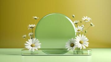 AI generated Round glass chamomiles on green ai generated stage podium mockup photo