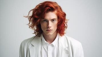 AI generated Red haired young man in white clothing ai generated portrait image photo