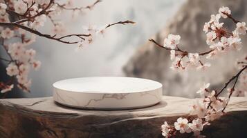 AI generated Mountain sakura branches stone surface ai generated stage podium mockup photo