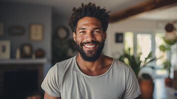 AI generated Smiling bearded black man in cozy home ai generated headshot portrait image photo