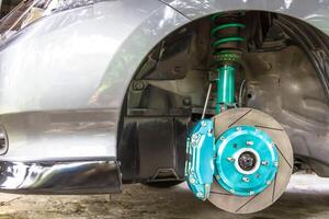 Caliper Brake with disk and suspension in the car service concept and racing part photo