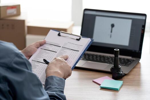 Staff check service list paper on the clipboard file and check coil spark plug gasoline engine part on the table and use laptop Inspect spare parts in stock before confirm the repair in service center photo