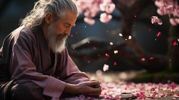 ai generado un hombre con un largo blanco barba sentado en un suelo cubierto en pétalos, sakura árbol antecedentes. foto