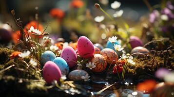 AI generated Colorful Easter Eggs Nestled in Springtime Floral Ambience photo