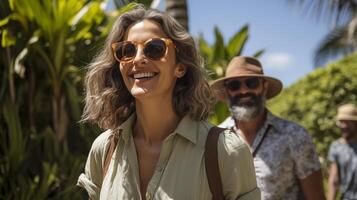 ai generado sonriente mujer con Gafas de sol en tropical vacaciones foto
