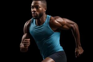 ai generado determinado africano americano atleta corriendo con intensidad foto