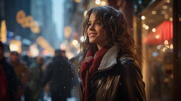 AI generated Beautiful young woman standing in busy city street during snowy evening. She is smiling at camera. Street is lined with shops and people are walking around. photo