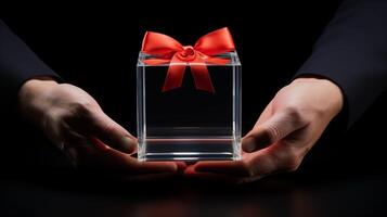 AI generated Hands Presenting a Gift Box with Red Ribbon in a Mysterious Gesture photo