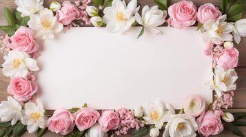 AI generated Floral Frame of Pink Roses and White Blooms on Wood photo